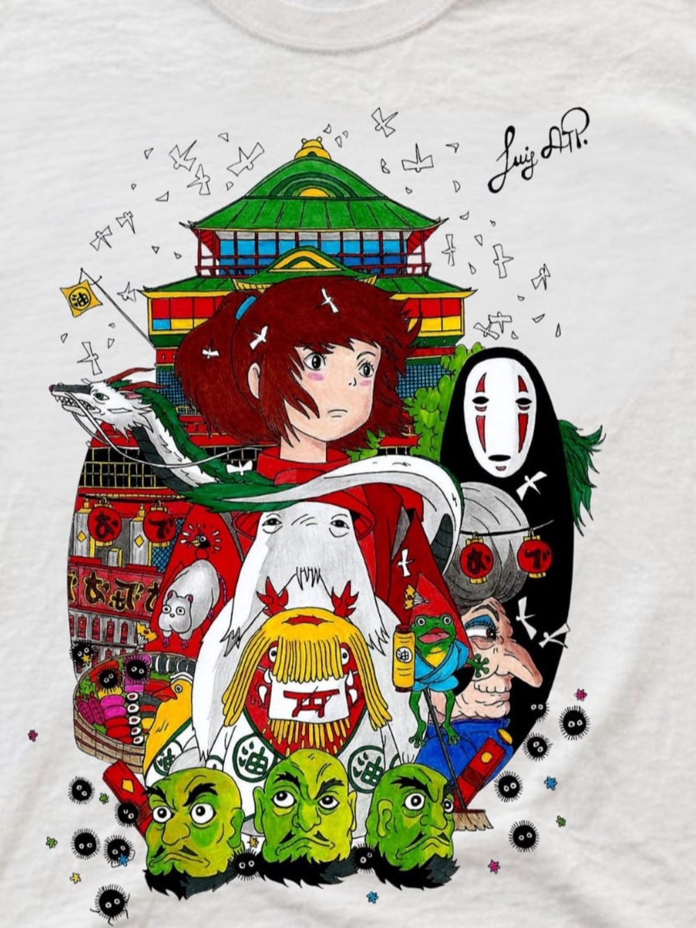 White Graphic Tee with Multicolor Spirited Away-Inspired Design - Picture 2 of 4